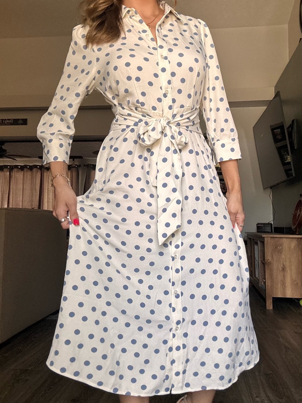White and Blue Polka Dot Shirt Dress with Tie Waist